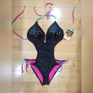 Joe Boxer Women Junior's Lazer cut Rainbow Black Monokini Swimsuit Bikini Medium